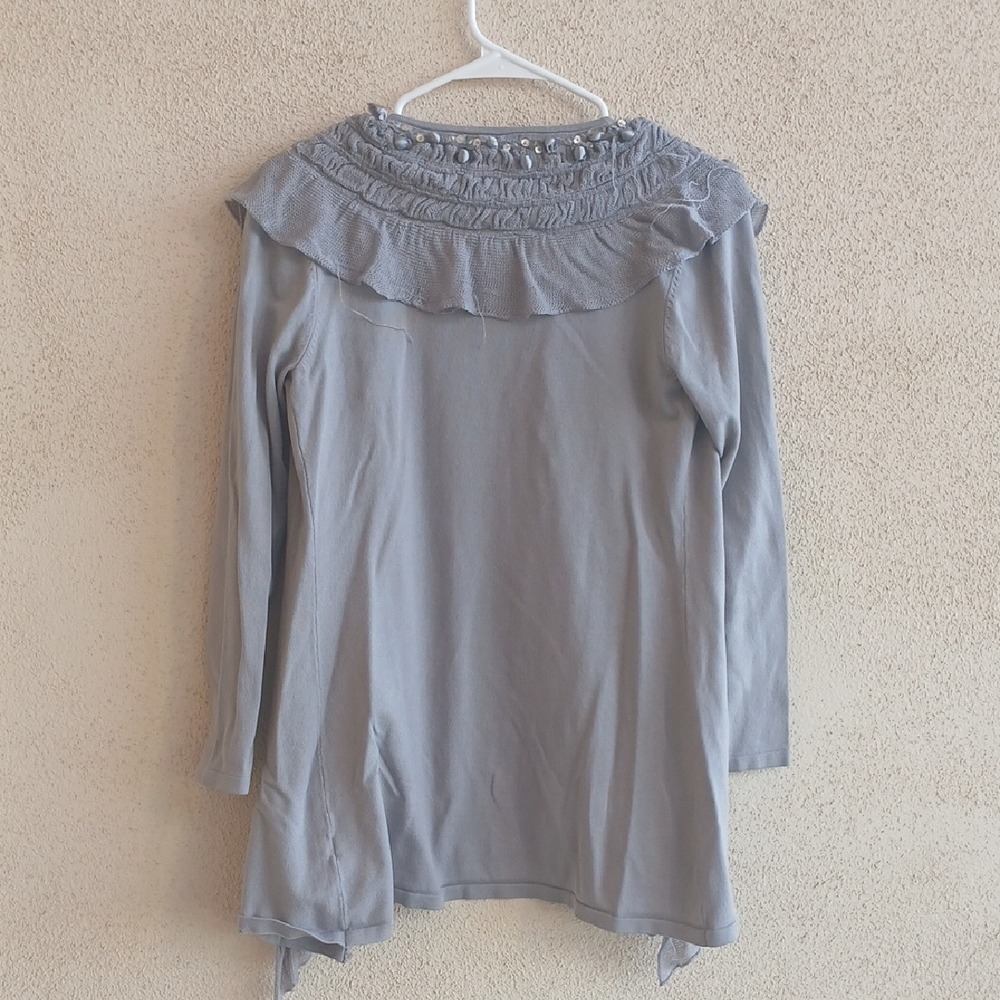 Gray Ruffled Open-Front Cardigan Sweater - Picture 3 of 3